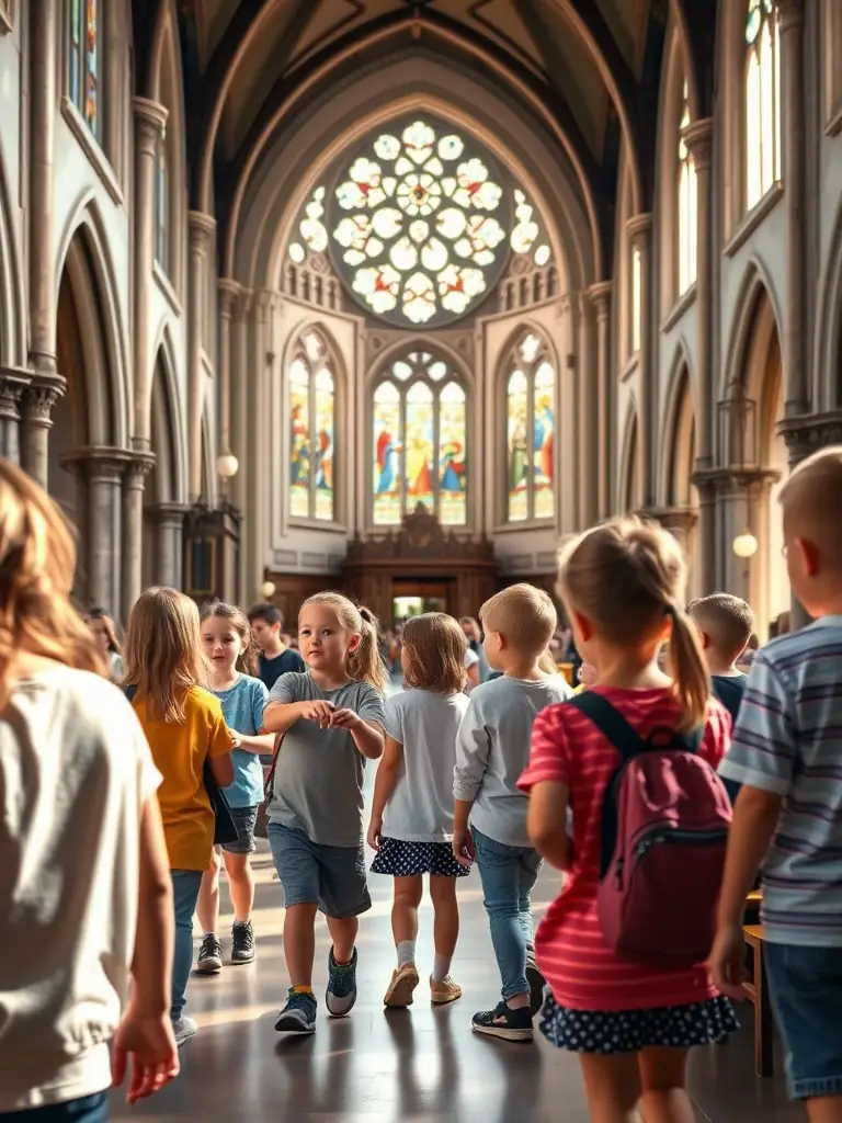 A photo of a group of children participating in an educational tour of the collegiate church, led by a knowledgeable guide.