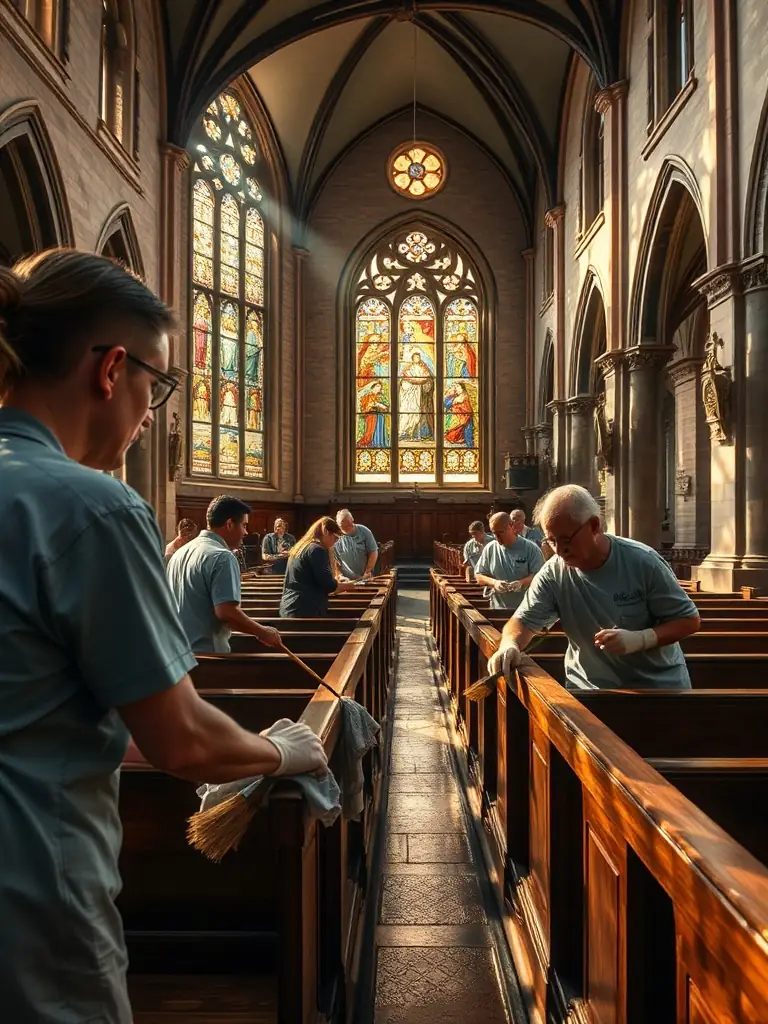 A photograph capturing volunteers cleaning and restoring ancient stonework inside the collegiate church, showcasing their dedication to preserving historical artifacts.