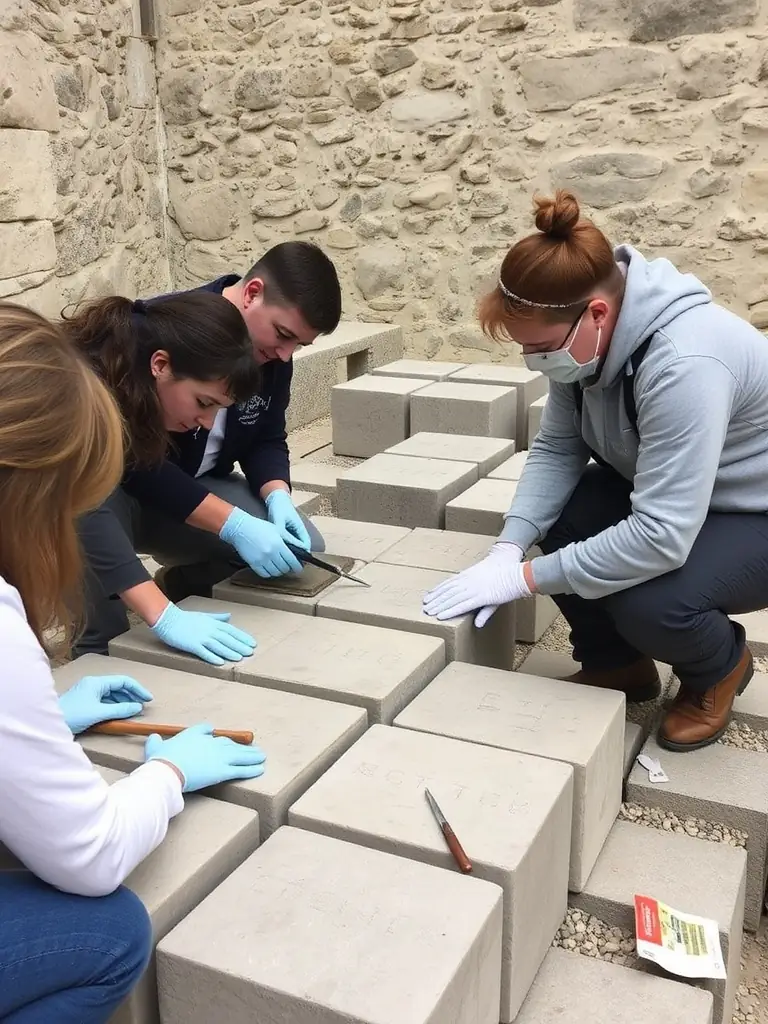 A photograph of volunteers cleaning and restoring a section of the collegiate church's stonework, showcasing their dedication to preserving the historical structure.