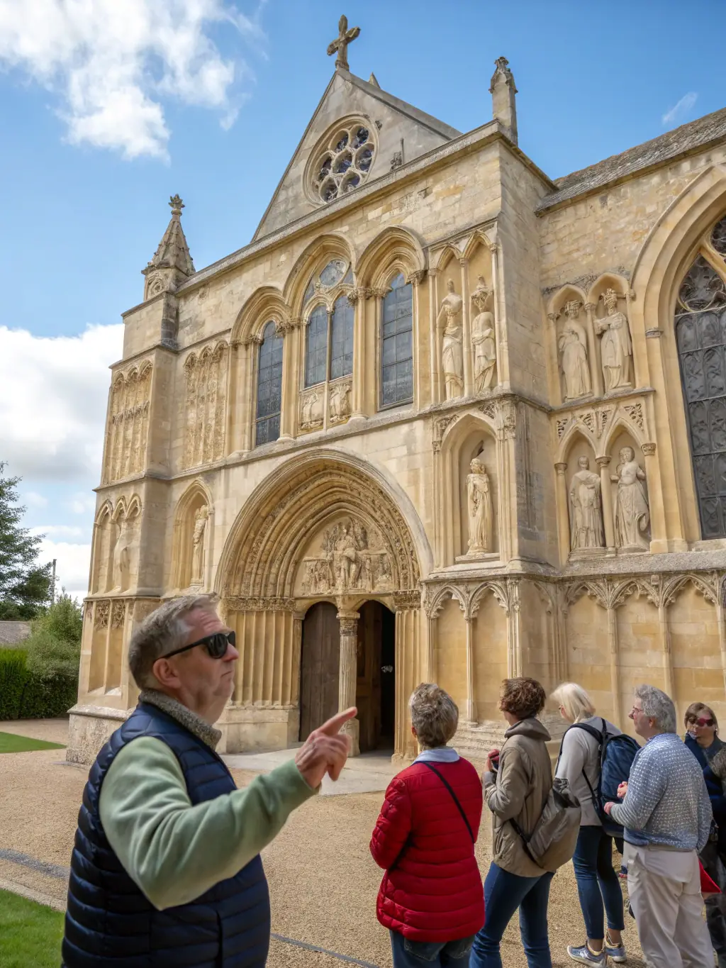 A photo of a guided tour group listening attentively to a historian explaining the significance of the collegiate church's architecture and history.